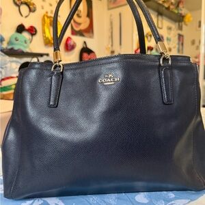 Coach Navy Pebbled Leather Tote with Gold Hardware